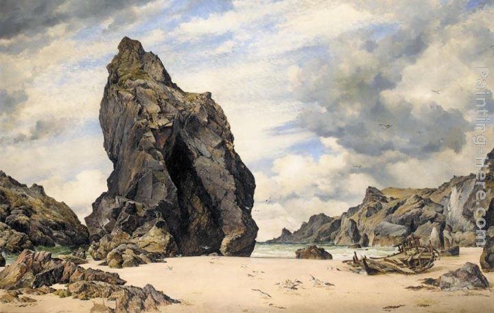 Steeple Rock, Kynance Cove, Lizard, Cornwall, Low Water painting - Edward William Cooke Steeple Rock, Kynance Cove, Lizard, Cornwall, Low Water art painting